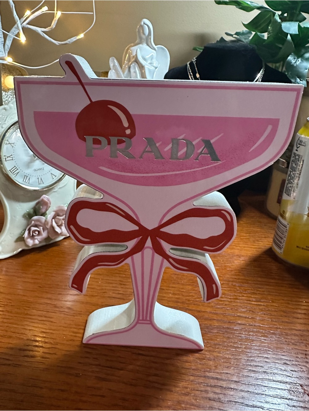 Prada Wood Art Pink Cocktail Sign with Red Cherry Accent